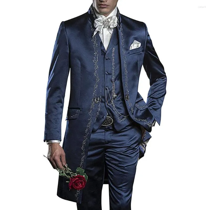 Abiti da uomo Uomo Giacca di lusso Gilet Pantaloni Monopetto Tre pezzi Completi Matrimonio Formale Slim Fit Prom Party Navy Blue Tuxedo Terno