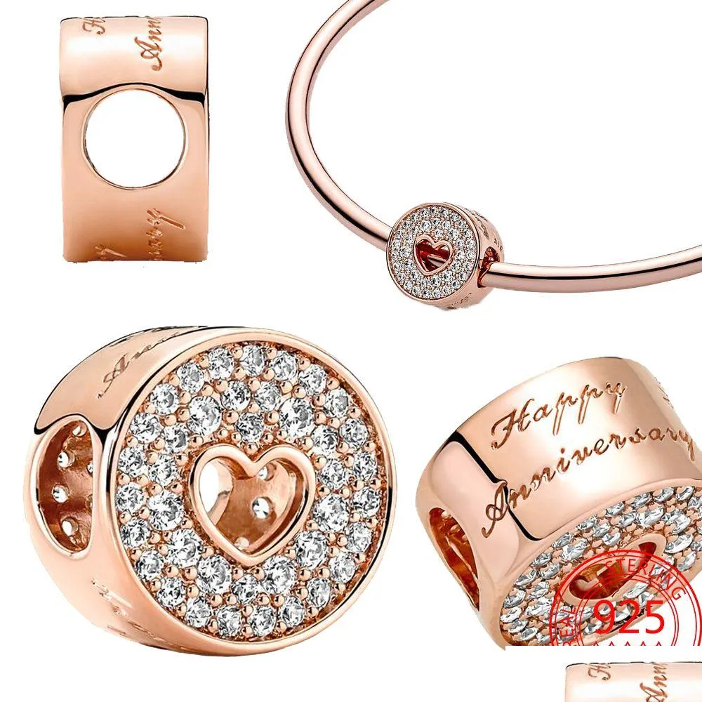 Charms 925 Sterling Sier Suspension Rose Golden Round Nact Anniversary Charm Pandora Classic Bransoletę Kobieta Biżuteria Dh6xw