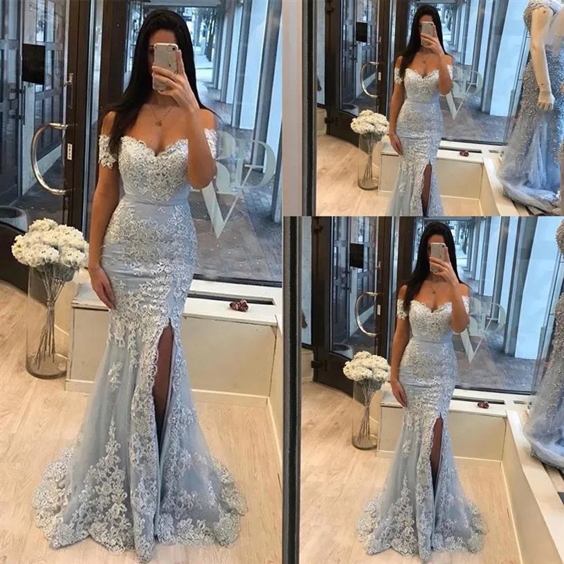 2020 New Light Sky Blue Mermaid Prom Dresses Off the Shoulder Lace Appliques Crystal Beaded High Side Split Tulle Party Dress Even232F