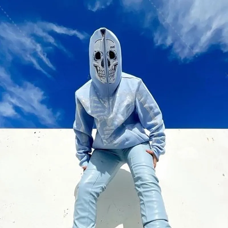Custom 100% Cotton Streetwear Bling Diamond Rhinestone Men Hoodie Butterfly  Skeleton Rhinestone Full Face Zip up Hoodies