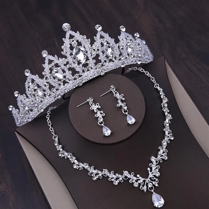 Coiffes de robe de mariée collier de couronne de mariage haut de gamme et boucles d'oreilles ensemble de trois pièces strass incrustés de cristal blanc fête 269u