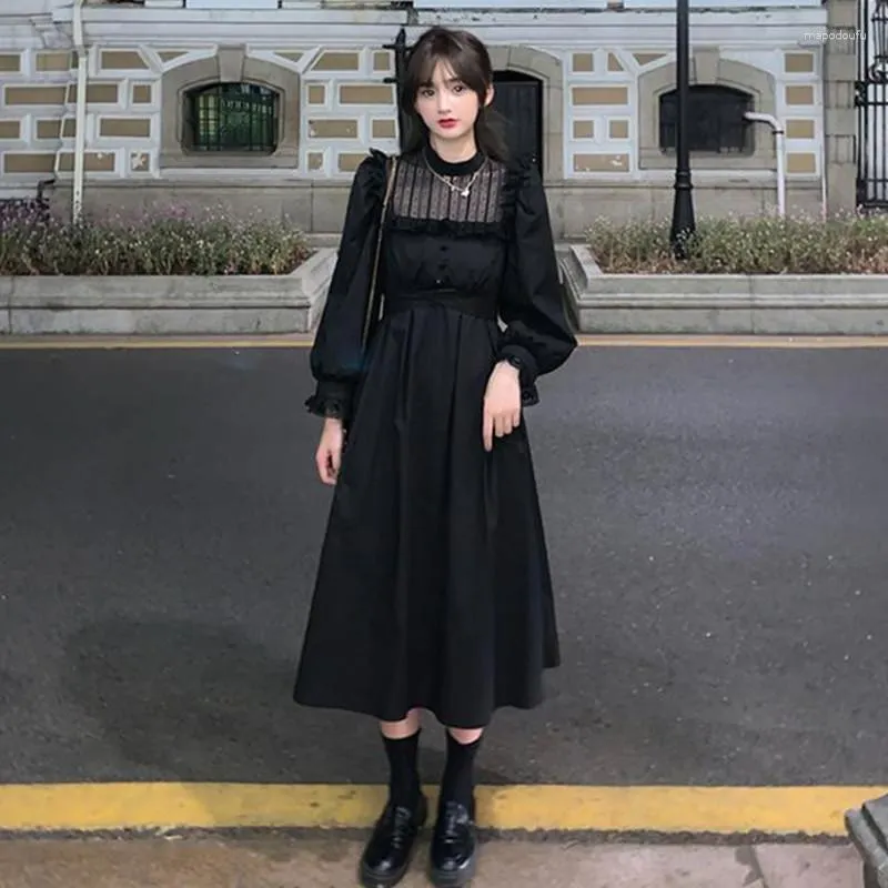 Vestidos Casuais Primavera Moda Coreana Doce Midi Vestido de Renda Manga Longa Fofo Elegante Vintage Sólido Mulher Roupas Para Festa Noturna