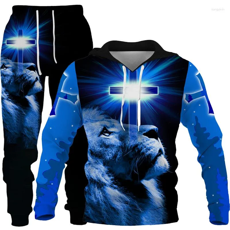 Męskie dresy 2023 Four Seasons Pullover dwuczęściowy Christian Jesus Jesus God Hoodie 3d Lion Print Street Wear Pary Jogging Sportsła