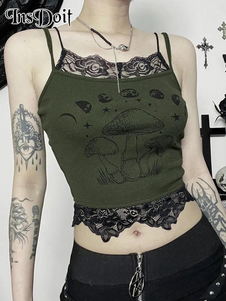 Kvinnors tankar camis insoit y2k spets trim lapptäcke gotisk topp sexig grunge svamp trycka underkläder bustier spaghetti rand skörd emo 230721