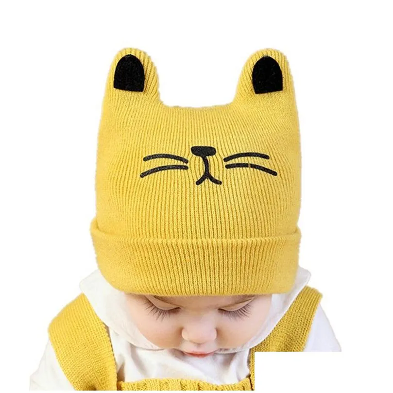 Bonnet / Crâne Casquettes Mode Mignon Dessin Animé Ours Oreille Bébé Chapeau Automne Hiver Infant Toddler Cap Doux Chaud Broderie Bonnets Garçon Fille Tricot Dhtg3