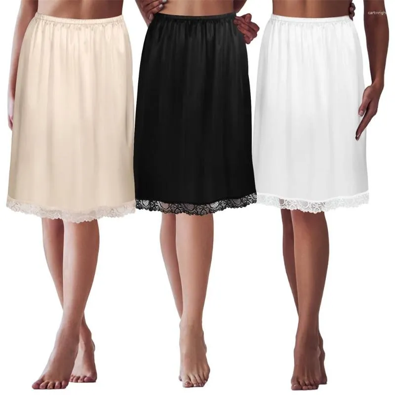 Comfortable Womens Satin Half Slip Over Lace Trim Underskirt With