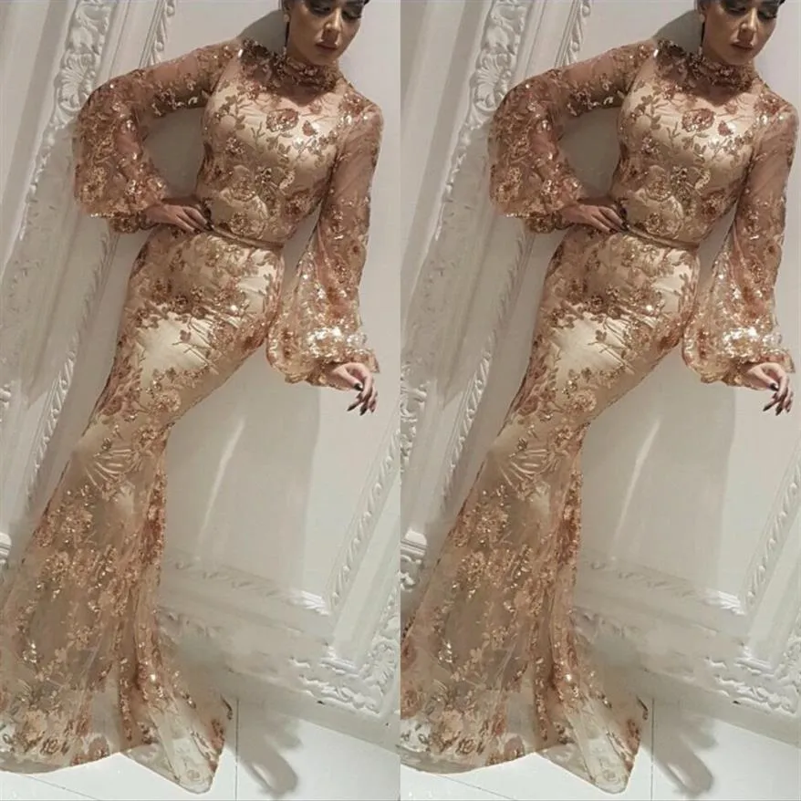 Arabic Champagne Memaid Evening Dress Sheath Gowns Long Sleeve Formal Pageant Prom Dresses 2020 Custom Made202D