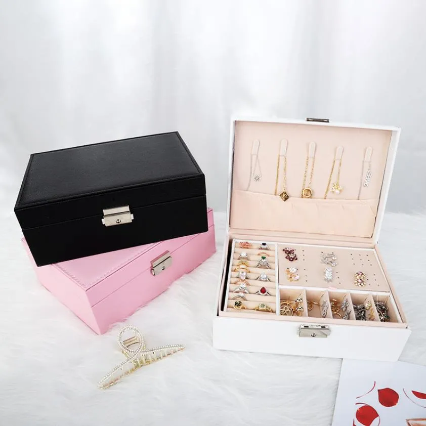 Boîtes à bijoux boîte pour femmes filles 2 couches grand organisateur étui de rangement en cuir Pu affichage porte-bijoux avec plateau amovible a1