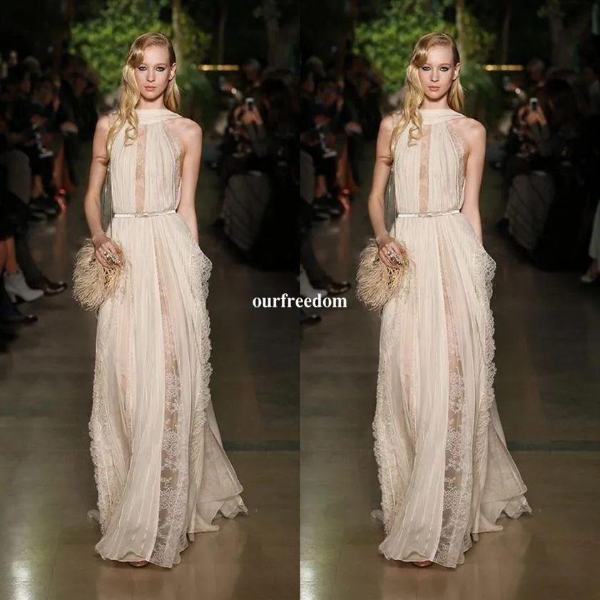 Elie Saab Printemps Couture Robes De Soirée Formelles Une Ligne Sur Mesure Sexy Col Haut En Mousseline De Soie Et Dentelle Robes De Bal De Soirée Etage Longueur S237b