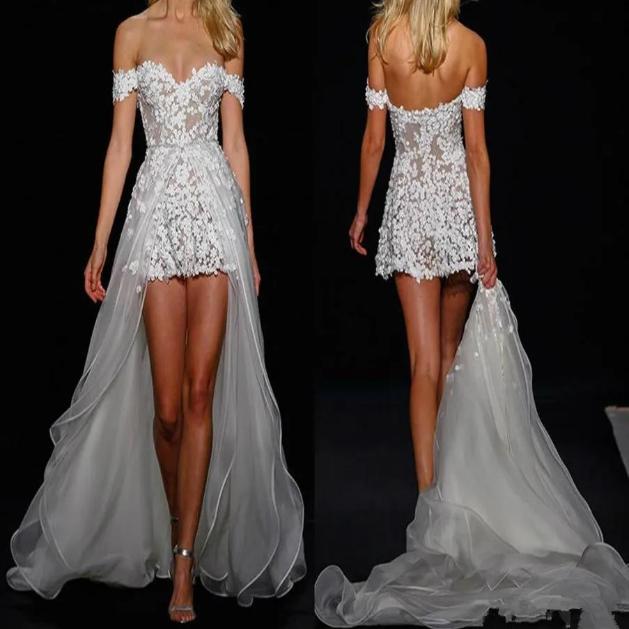 New Detachable Train Designer short wedding gown Floor Length Robe vestidos de fiesta High Low Formal bridal dress With Lace Arabi213b