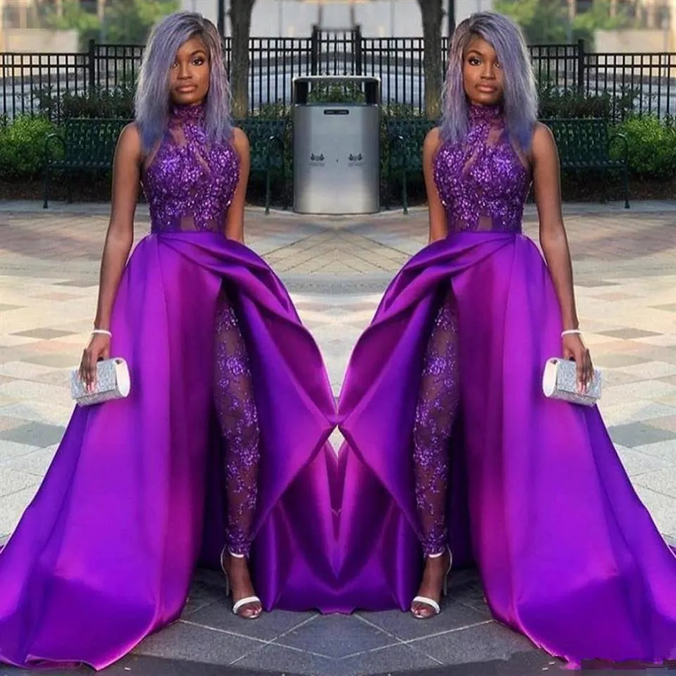 Purple koronkowy plama wieczorna kombinezon z pociągiem 2023 High Secion African African Plus Size