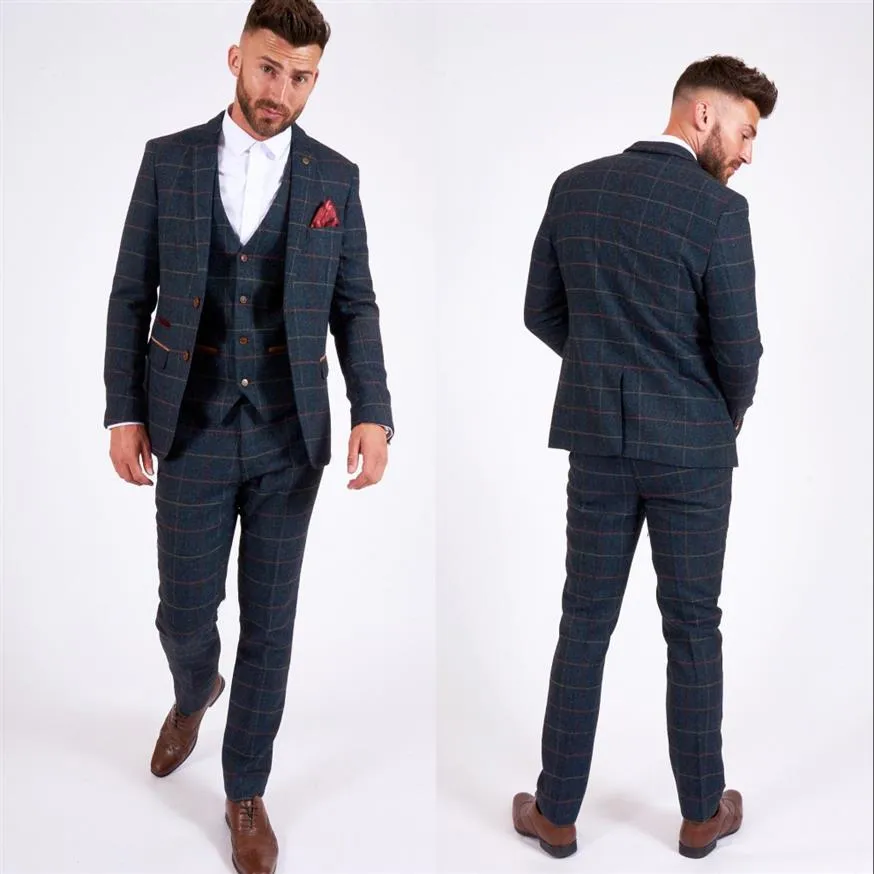 Nowy jodełka Plaid Groom Wedding Wedding Tuxedos Slim Fit 3 sztuki Kapelowe spodnie męskie Suits Wysokiej jakości projektanta kurtki 266f