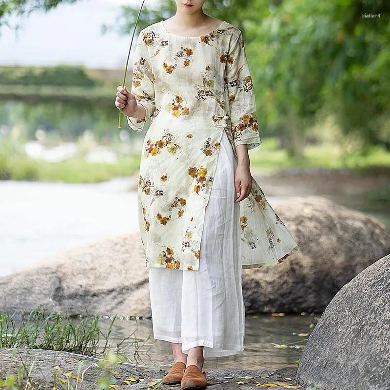Blouses femme Johnature lin imprimé col rond Original Style Vintage chemise 2023 automne femme mode chinois ample décontracté