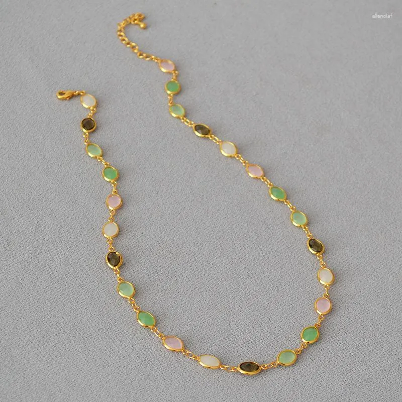 Choker Japan And Korean Fresh Sweet Beautiful Color Faceted Crystal Glass Jade Texture Brass Necklace Collarbone Chain Woman