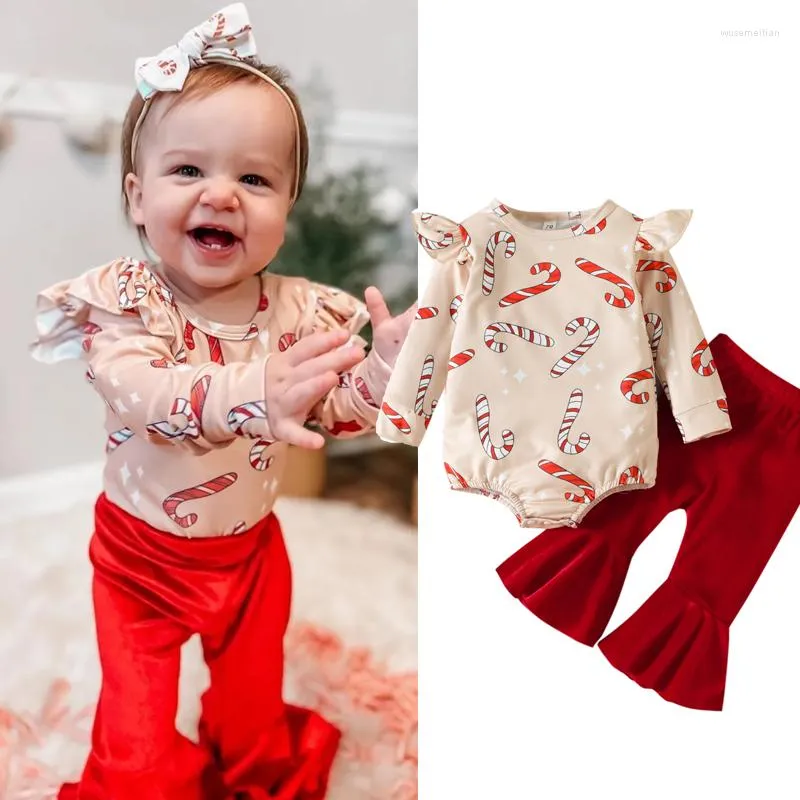 Kleding Sets FOCUSNORM 2 stks Xmas Baby Meisjes Mooie Kleding 0-24 M Kerst Gedrukt Mouw Romper Fluwelen Flare Broek