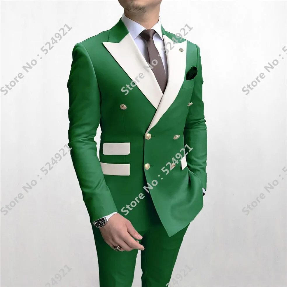 Double boutonnage hommes costumes vert clair et blanc marié smokings pic revers garçons d'honneur mariage bal homme 2 pièces veste pantalon T229n