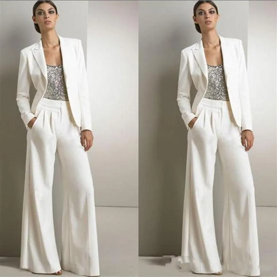 Nowe nowoczesne białe dwa kawałki Mother of the Bride Pant Suits Wedding Guest Sukienki Plus Size Evening Sukienki z kurtkami219g