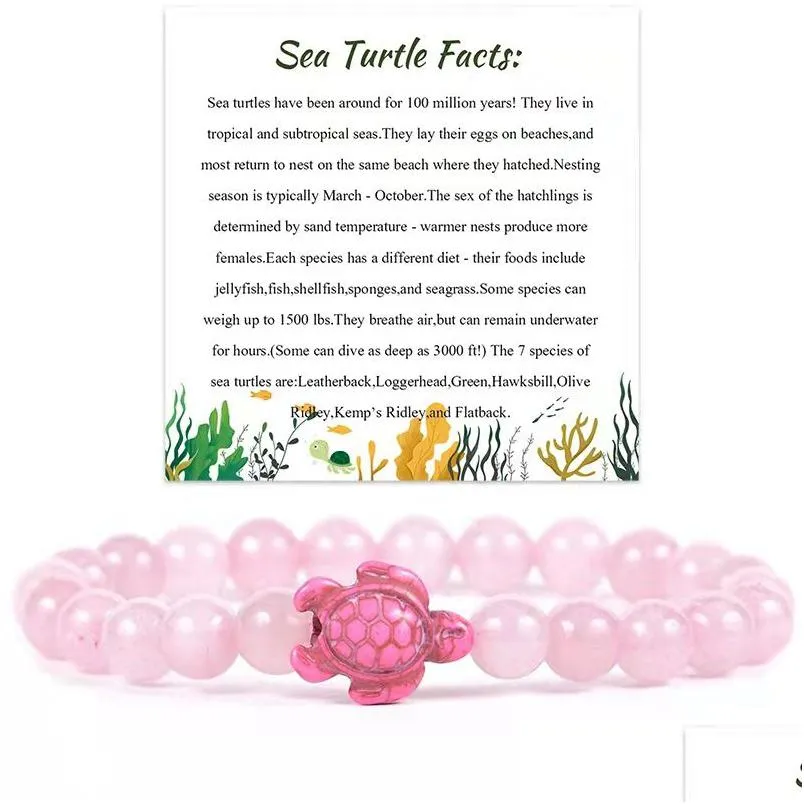 Beaded Summer Beach Sea Turtle Card Turquoise Beads Bracelet For Women Rose Quartz Pink Stone Elastic Friendship Jewelry Gifts Drop Dhl9X