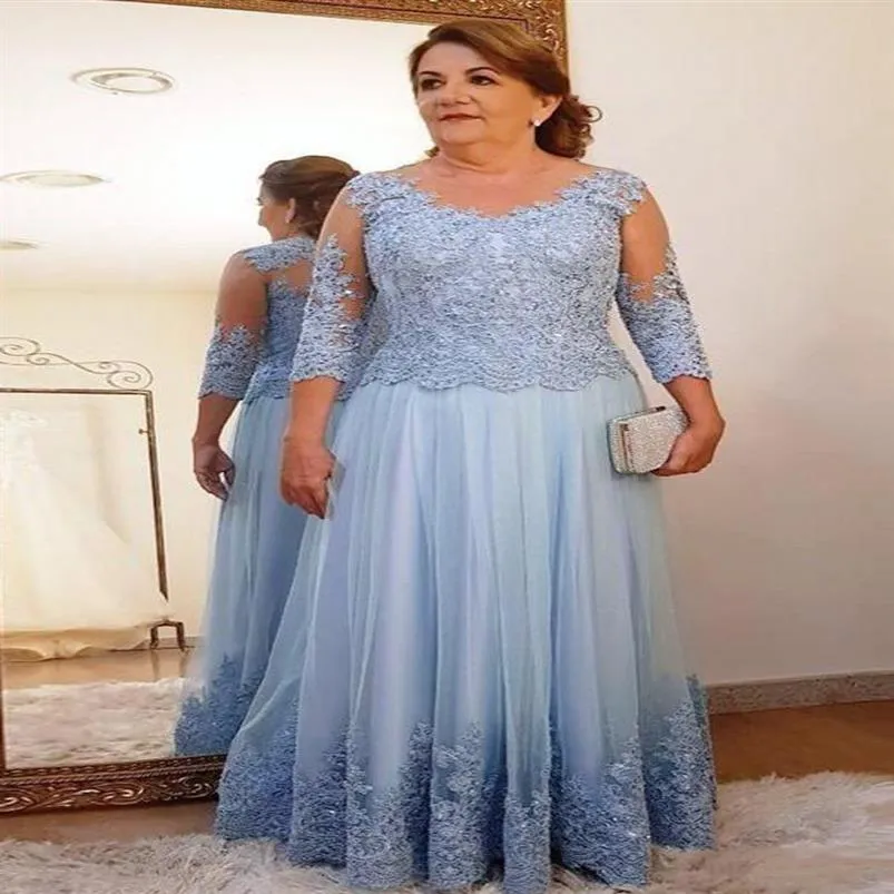 Hellhimmelblaue Kleider für die Mutter der Braut, Spitzenapplikationen, Perlen, 3/4 lange Ärmel, Partykleid, bodenlang, formelle Mutterkleider für Frauen205B