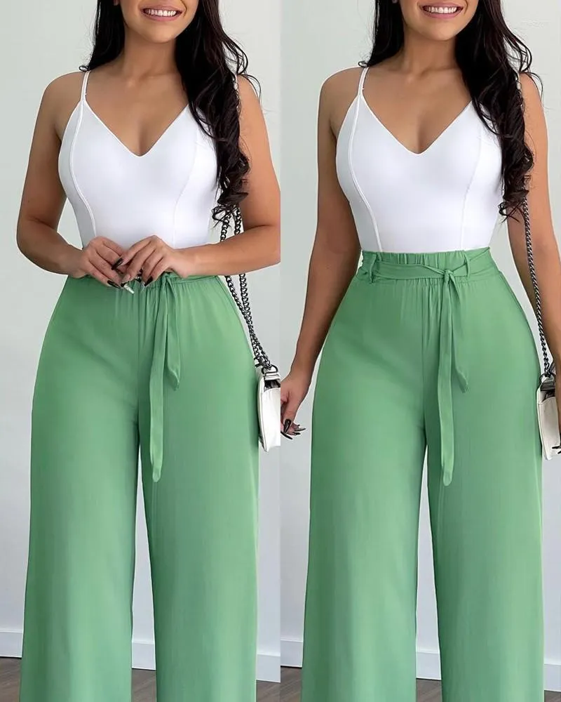 Women's Two Piece Pants Summer Sets Women Sexy V-Neck White Sleeveless Tank Top & Lace-up Wide Leg Set Casual Woman Clothes
