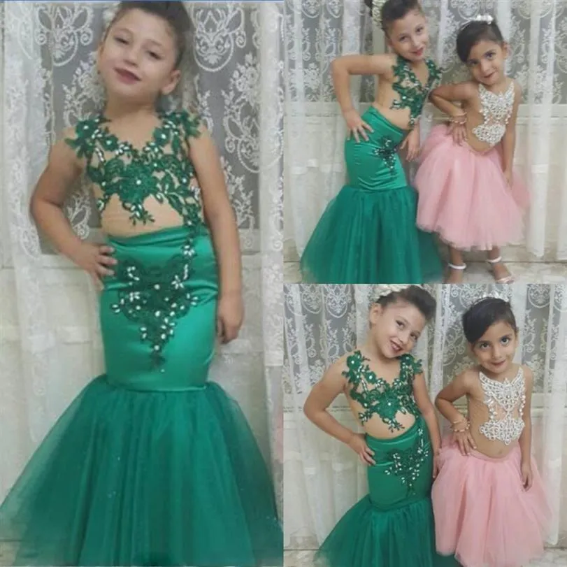Green Mermaid Lace Appliques Girls Party Dress Flower Dress Dress For Wedding Baby Communion Dresses Beads Kids Pageant Gowns Chea314N