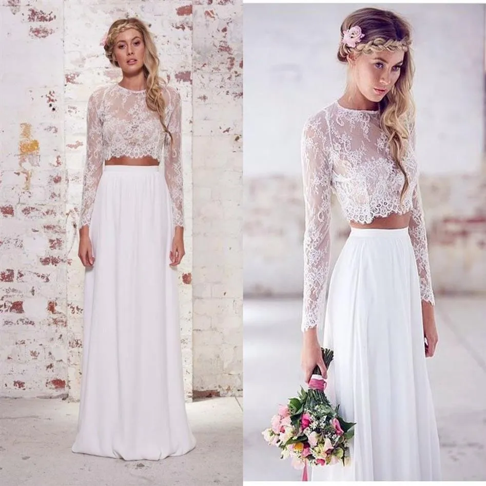 2021 Due pezzi Crop Top Abiti da sposa bohémien Chiffon increspato Lunghezza pavimento Abiti da sposa Primavera pizzo manica lunga Weddi323V