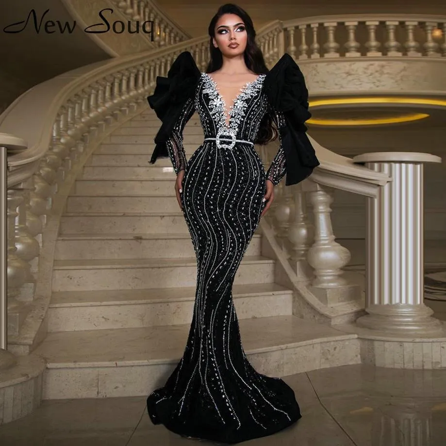 Dubai Black Long Sleeve Mermaid Evening Dresses 2020 Sexy Plunging V Neck Heavy Beaded Saudi Arabia Evening Gowns Formal Dress234w