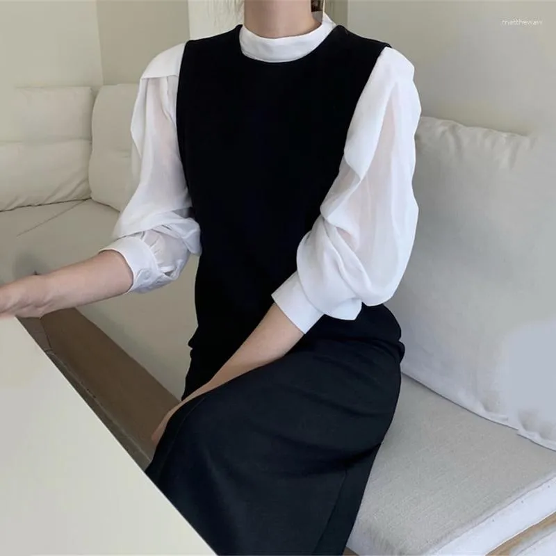 Work Dresses Korean Style Women Two Sets Fashion Loose White Shirt Strap Dress Suits Black And Matching Outfits Elegant 2 Piece