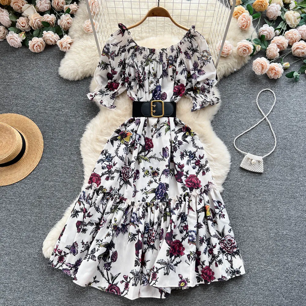 Grundlegende Casual Kleider Runway Kleid 2023 Frühling Sommer Mode Kleidung Vintage Blume Gedruckt Hohe Taille Sexy Quadrat Kragen Elegante Party roben