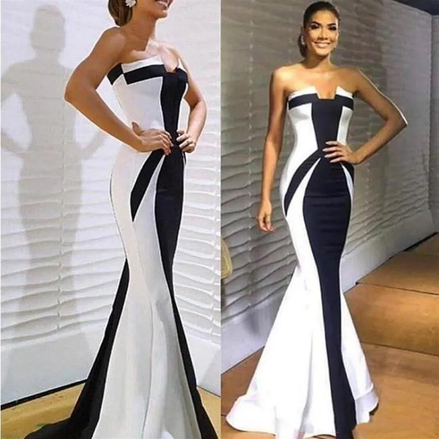 Elegant Ebi Arabic White And Black Mermaid Evening Dresses Satin Prom Dresses Strapless Formal Party Dress Reception Gowns263G