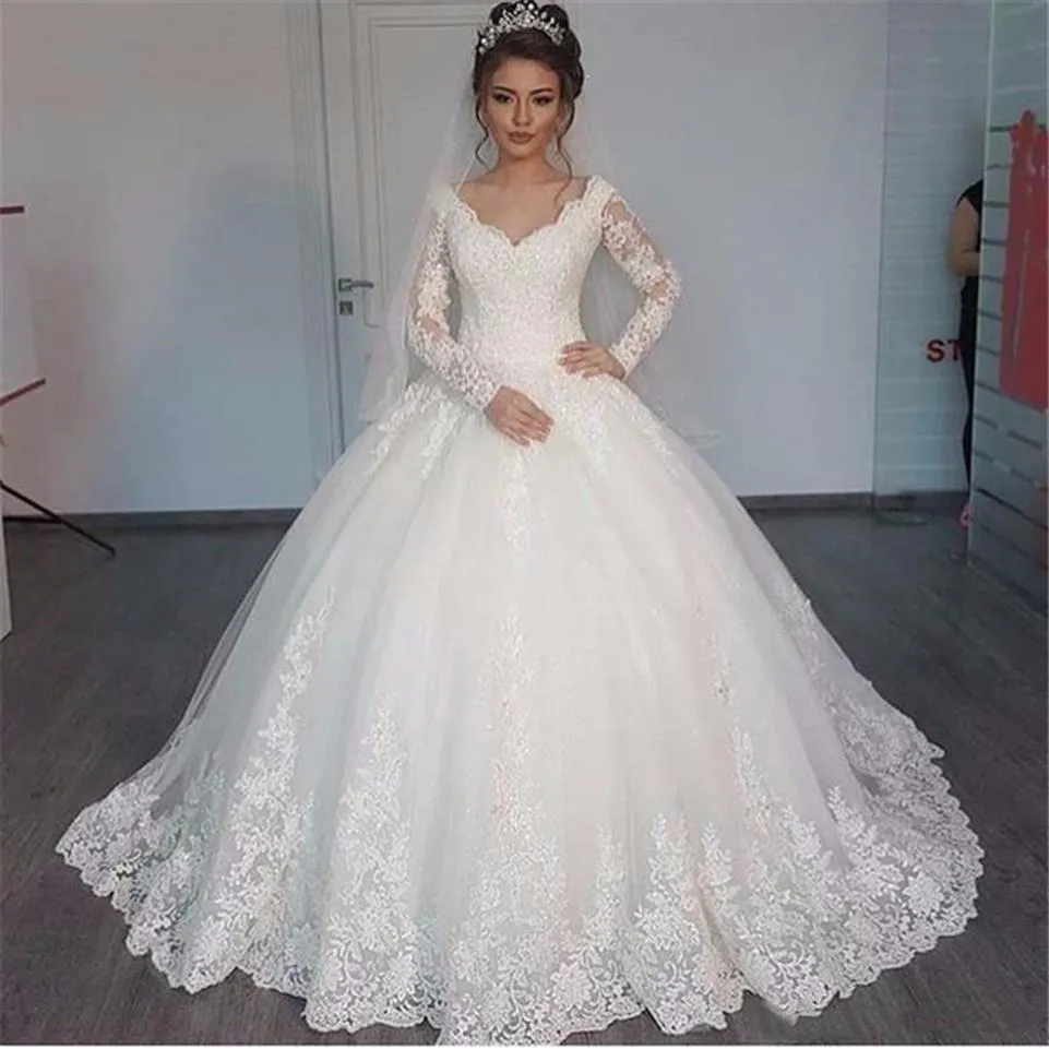 Gorgeous V-neck Ball Gown Long Sleeve Wedding Dresses 2020 Lace Applique White Wedding Gowns robe de mariage3281