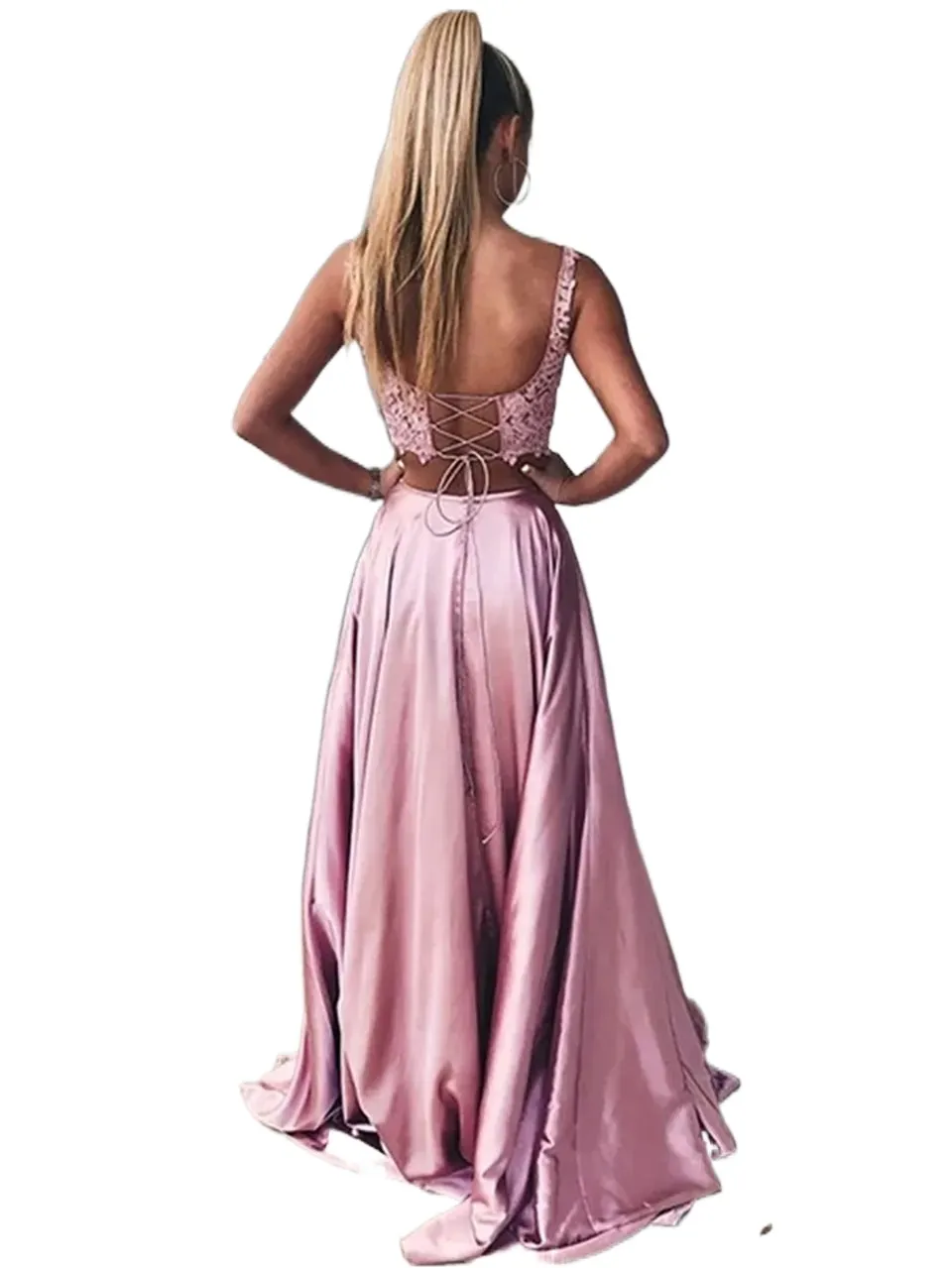 strapless open back dress A Line V Neck 2 Pieces Pink Lace Prom Dresses, Two Pieces Pink Lace Fo main image 1