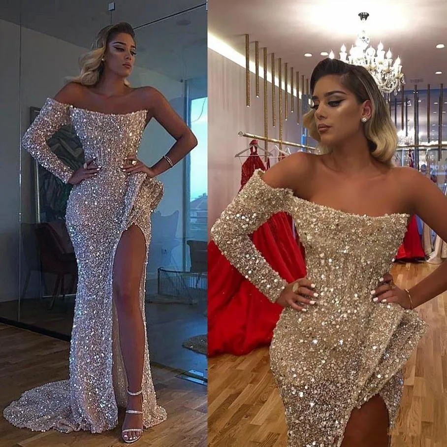 Vestido de fiesta Sexy Aso Ebi Arabisch Goud Reflecterende Prom Jurken Mermaid Hoge Split Avondjurken Lovertjes Formele Partij Recept1886