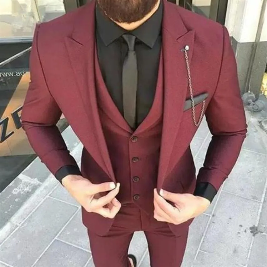 XLY 2019 와인 레드 슬림 착용 웨딩 남성 슈트 프롬 3 피스 재킷 팬츠 조끼 신랑 턱시도 남자 정장 의상 사업 남성 T259D