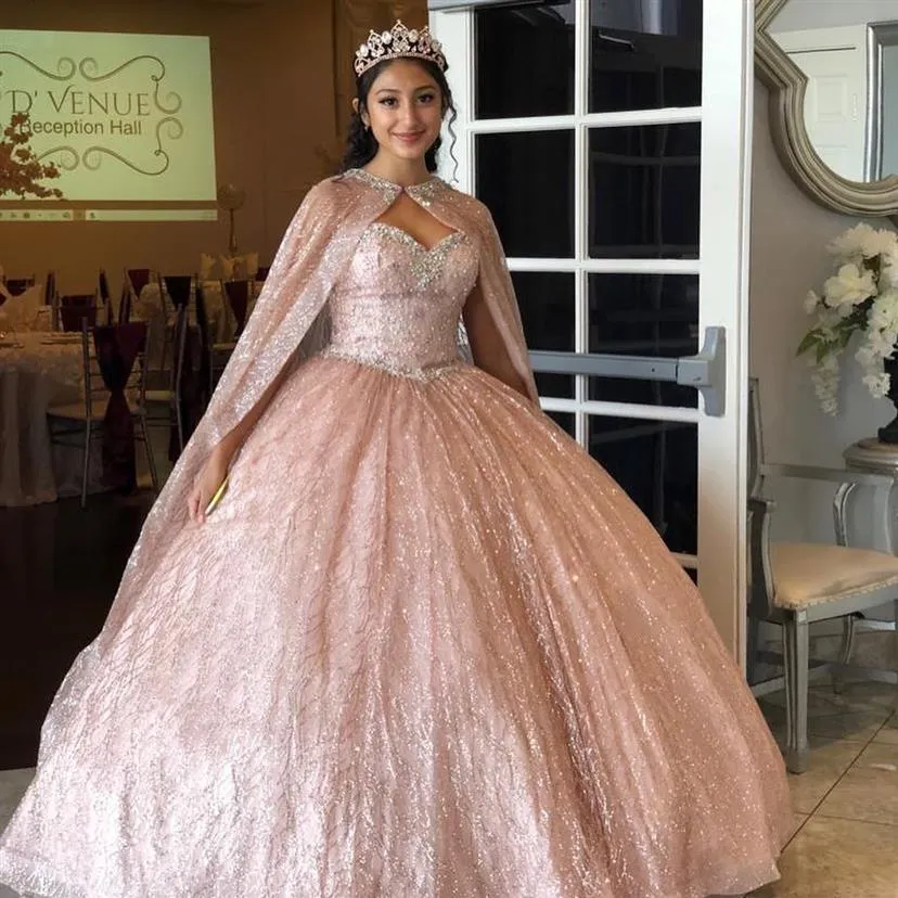 Unique Design Grand Châle Or Rose Quinceanera Robes De Bal 2022 Bling Paillettes Chérie Ruché Nouvelle soirée 15 Robes De Soirée 15 273W