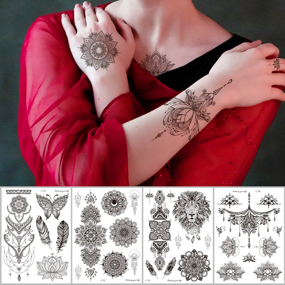 18 çeşit kadın geçici dövme siyah mandala çiçekler dövmeler etiket vücut sanatı su geçirmez tek kullanımlık tatouage temporaire