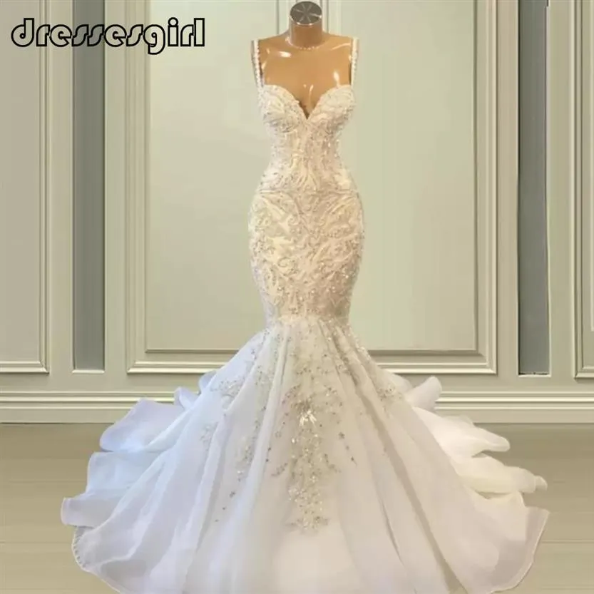 Luxury African Mermaid Wedding Gowns Spaghetti Strap Beaded Embroidery Lace Bride Dresses Sexy Backless Women Bridal Gown224j