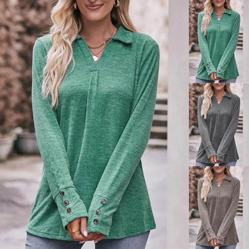 Blouses pour femmes mode col en V à manches longues chemise à revers automne tourner col Dwom lâche décontracté coton hauts pullover bouton trous pour le pouce Blouse