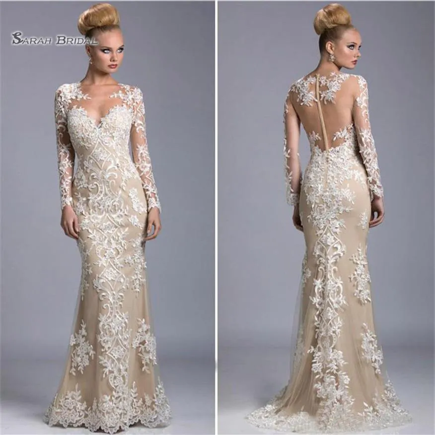 Modest Mermaid Evening Dresses Long Sleeves Lace Appliques Formal Party Gowns Floor Length Bridal Guest Dress228g