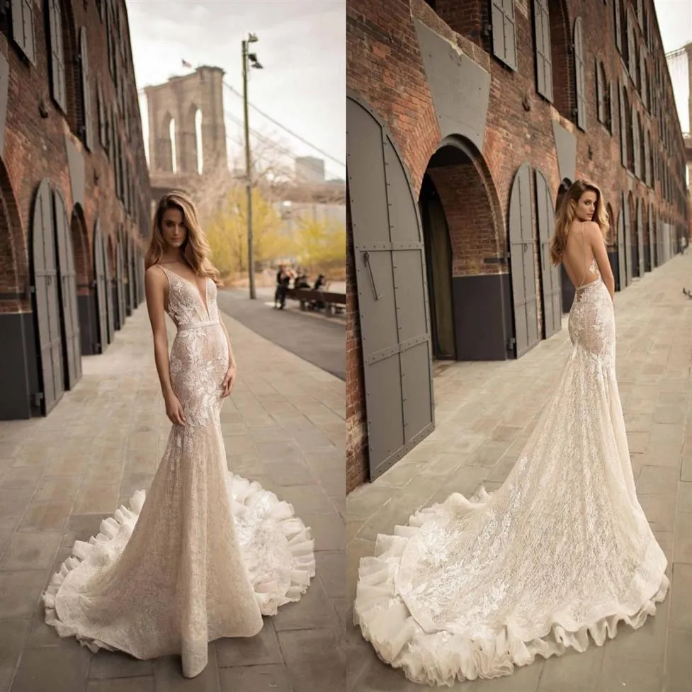 2018 Berta Mermaid Wedding Dresses Sexy Plunging V neck Backless Wedding Gowns Sweep Train Applique Lace Bridal Dress Custom Made209n