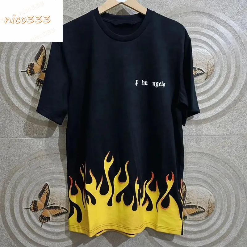 Pa Flame Letters cocos Cotton Loose Round Lound Neck Black and White Street Men Womens Trendy半袖