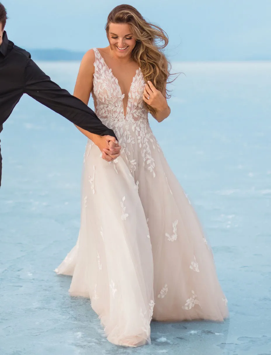 A Line Deep V-Neck Lace Applique Tulle Wedding Dress with Sweep Train and Covered Button Back for Beach Weddings from Dhgate A-Line Wedding Dresses - price 128.65 A Line Deep V-Neck Lace Applique Tulle Wedding Dress with Sweep Train and Covered Button Back for Beach Weddings from Dhgate A-Line Wedding Dresses - price 128.65