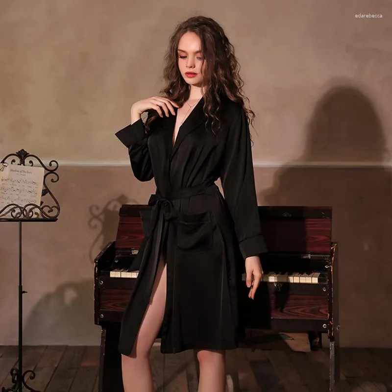 Women's Sleepwear Women Lace Color Robe Autumn Solid Up Nightgown And Sexy Bath Winter For Satin Bathrobe Deep Brand
