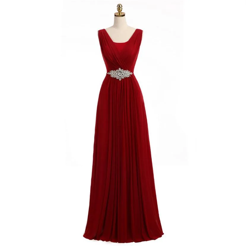 Long Chiffon Bridesmaid Dresses With Rhinestone Pärled a-line maxi golvlängd piga av hedersklänningar låg rygg bröllop gästklänning342f