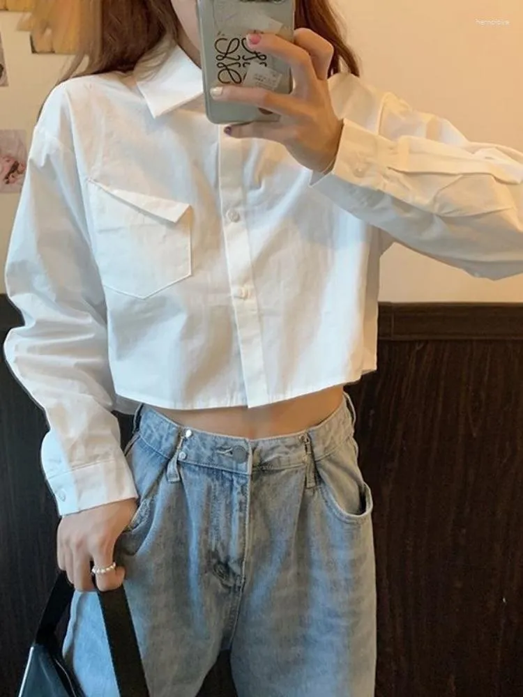 Blusas de mujer Harajuku blusa blanca mujer Casual All Match manga larga Crop Top camisa Turn Down Collar Y2k moda coreana Blusas Chemise