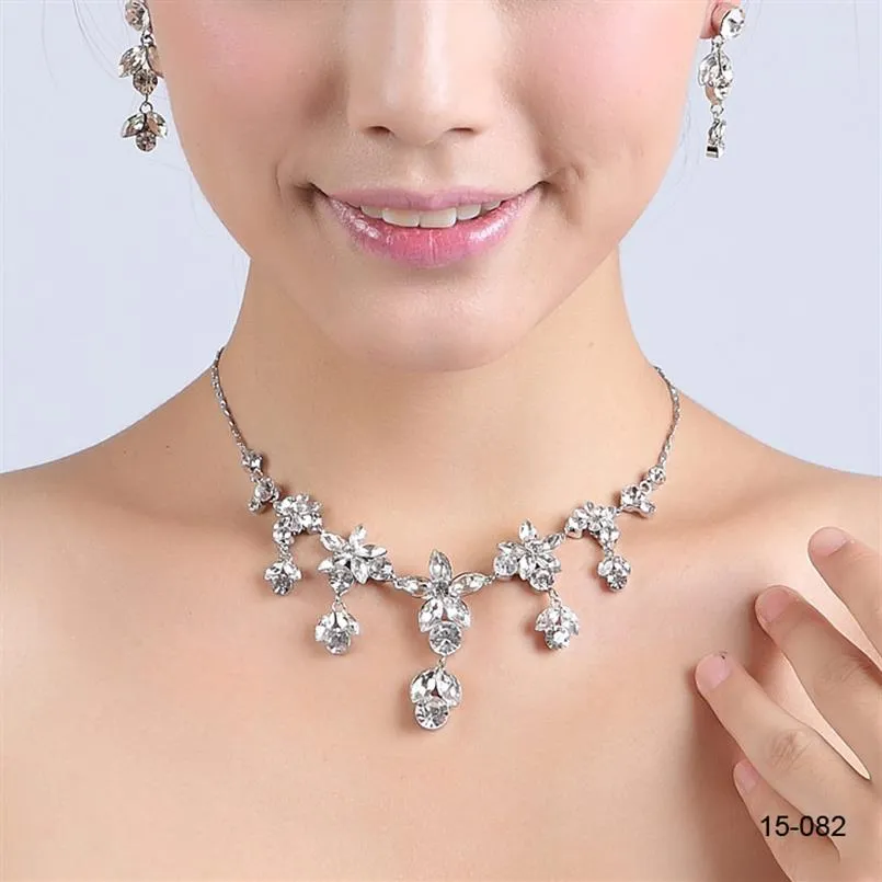 15082 Bridal Necklace Elegant Silver Plated Rhinestone Earrings Jewelry Set Accessories for Prom Dresses Evening Dress209f