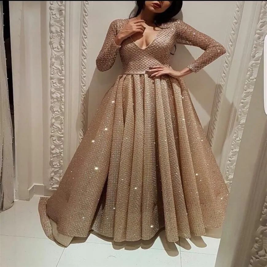 Glitter Rose Gold Carzy Arabski Wieczorna sukienka 2020 Eleganckie długie rękawy V-Neck muzułmańskie suknie imprezowe Abaya Kaftan Dubai Formal Prom 194i
