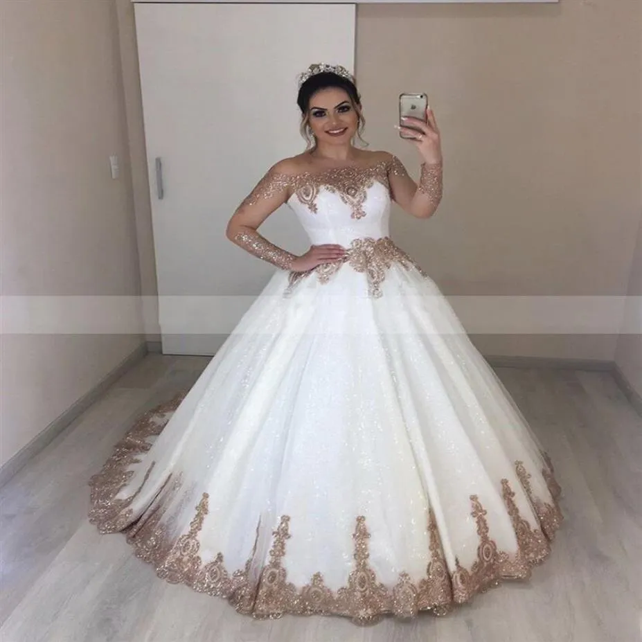 Abito da sposa bianco principessa con applicazioni in oro rosa Abito da sposa vintage trasparente a maniche lunghe Abito da ballo abito mariage Abiti270I