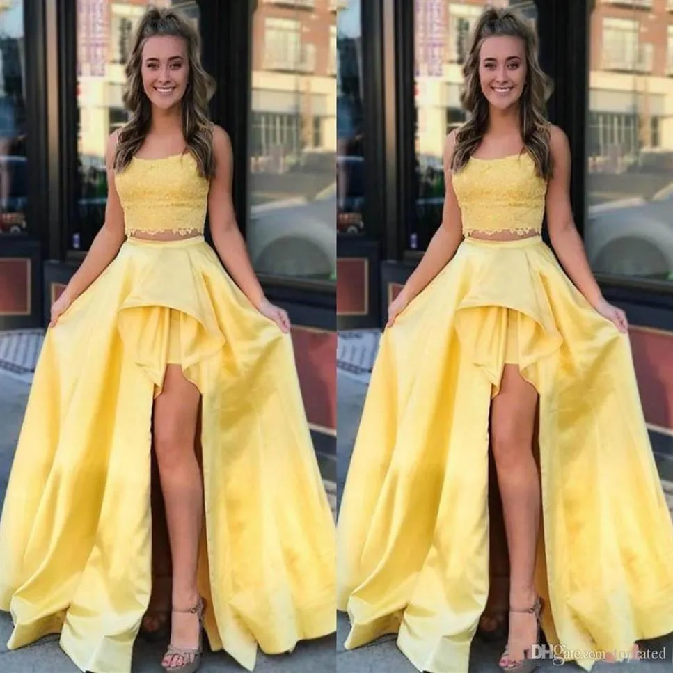 2020 Elegant Lace Yellow Prom Dresses Two Pieces High Side Split Sweep Train A Line Formal Party Evening Gowns Modern Special Occa284r