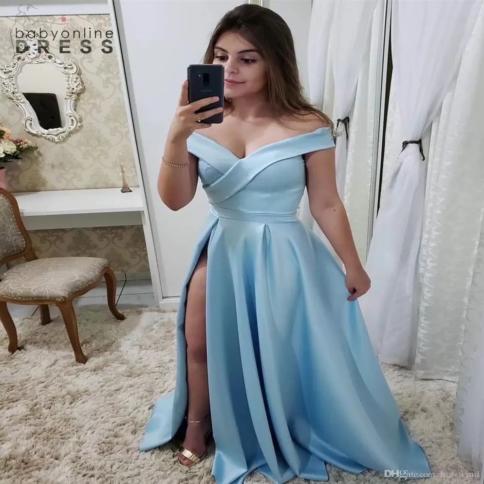 Stylish Women Evening Dresses Simple Elegant Light Sky Blue Off Shoulders Ruched High Split Long Prom Party Gowns250B